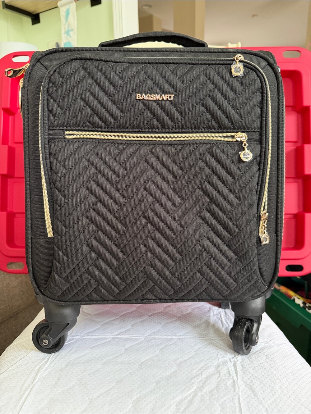 BAGSMART Quilted Black Travel Spinner Carry-On with Gold Hardware